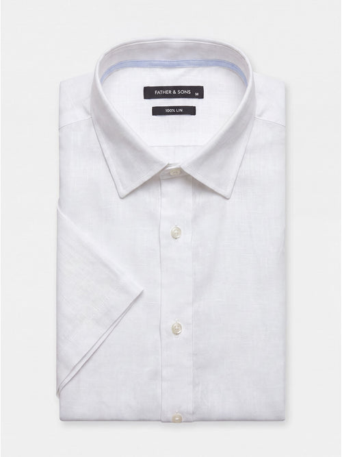 Chemise manches courtes regular en popeline de lin blanc - Father & Sons   - 1 