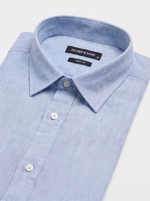 Chemise manches courtes regular en popeline de lin bleu ciel - Father & Sons   - 2 