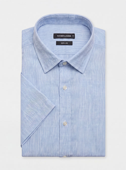 Chemise manches courtes regular en popeline de lin bleu ciel - Father & Sons   - 1 