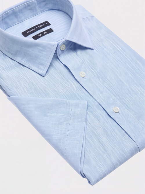 Chemise manches courtes regular en popeline de lin bleu ciel - Father & Sons   - 3 