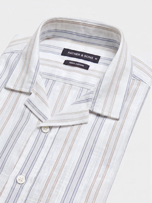 Chemise manches courtes regular en coton façonné à rayures beige et bleu - Father & Sons   - 2 