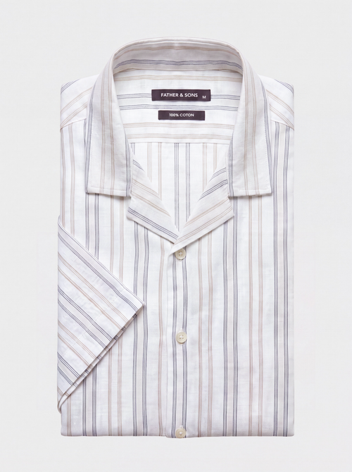 Chemise manches courtes regular en coton façonné à rayures beige et bleu - Father & Sons   - 1 