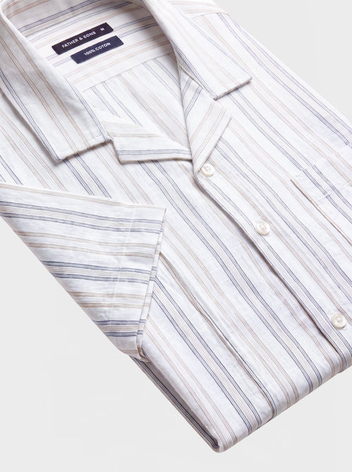 Chemise manches courtes regular en coton façonné à rayures beige et bleu - Father & Sons   - 3 