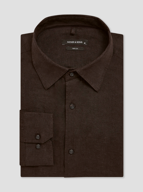 Chemise slim en lin marron foncé - Father & Sons   - 1 