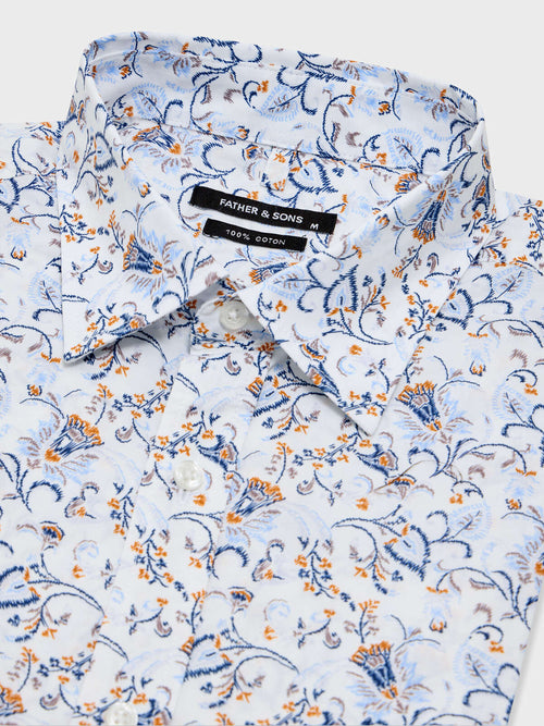 Chemise manches courtes regular en popeline de coton à motif fleuri bleu - 2 - Father & Sons   - 2 