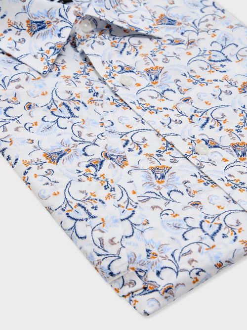 Chemise manches courtes regular en popeline de coton à motif fleuri bleu - Father & Sons   - 3 
