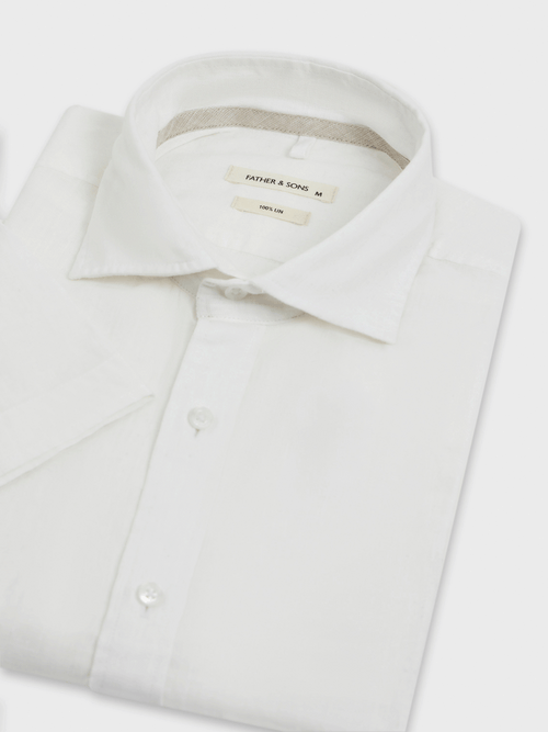 Chemise manches courtes Slim en popeline de coton et lin blancs - 2 - Father & Sons   - 14 