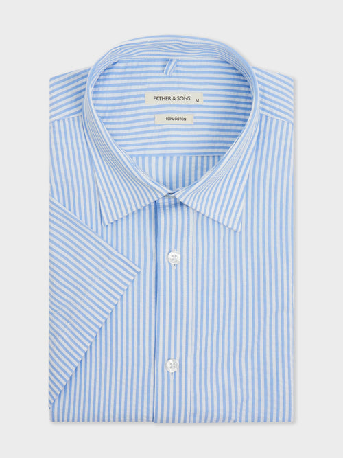 Chemise manches courtes Slim en popeline de coton bleu ciel à rayures - 1 - Father & Sons   - 3 