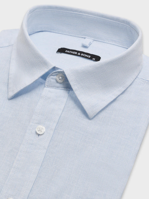 Chemise manches courtes regular en popeline de lin et coton bleu ciel à rayures - 2 - Father & Sons   - 4 