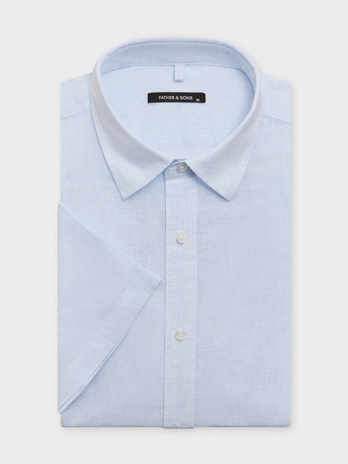 Chemise manches courtes regular en popeline de lin et coton bleu ciel à rayures - 1 - Father & Sons   - 4 