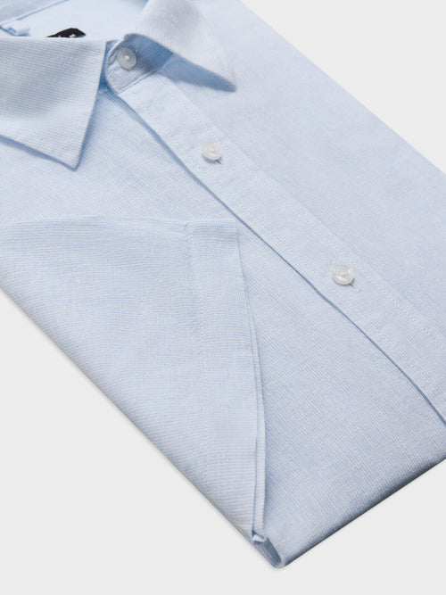 Chemise manches courtes regular en popeline de lin et coton bleu ciel à rayures - Father & Sons   - 3 