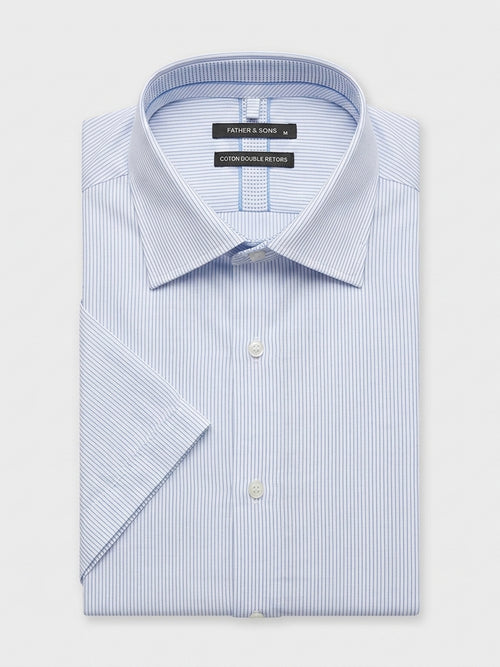 Chemise manches courtes regular en popeline de coton à rayures bleu ciel - 1 - Father & Sons   - 7 