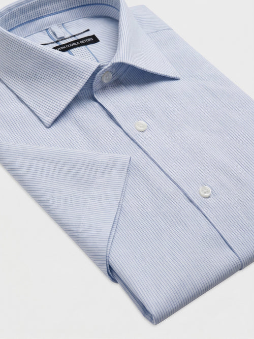 Chemise manches courtes regular en popeline de coton à rayures bleu ciel - Father & Sons   - 3 