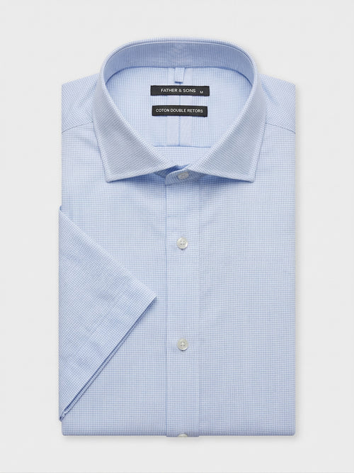 Chemise manches courtes slim en coton Jacquard bleu ciel à carreaux - 1 - Father & Sons   - 8 