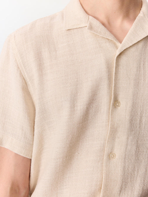 Chemise manches courtes regular en coton et lin façonnés beige clair - Father & Sons   - 4 