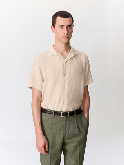 Chemise manches courtes regular en coton et lin façonnés beige clair - 1 - Father & Sons   - 14 