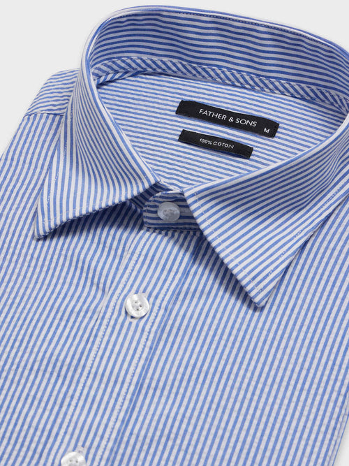 Chemise manches courtes regular en popeline de coton bleu indigo à rayures - 2 - Father & Sons   - 4 