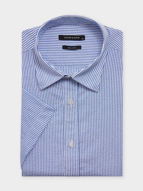 Chemise manches courtes regular en popeline de coton bleu indigo à rayures - 1 - Father & Sons   - 4 