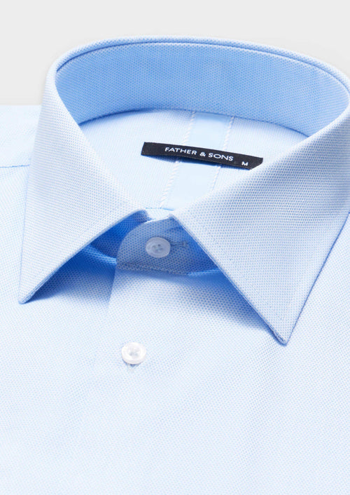 Chemise manches courtes Regular en coton stretch façonné uni bleu classique - 2 - Father & Sons   - 14 