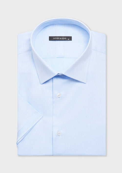 Chemise manches courtes Regular en coton stretch façonné uni bleu classique - 1 - Father & Sons   - 14 