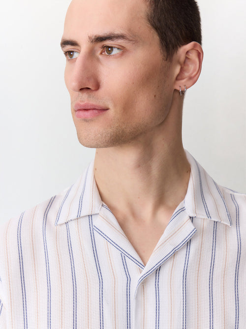 Chemise manches courtes regular en coton Jacquard à rayures beige et bleu - 2 - Father & Sons   - 3 