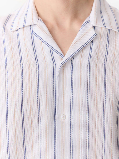 Chemise manches courtes regular en coton Jacquard à rayures beige et bleu - Father & Sons   - 3 