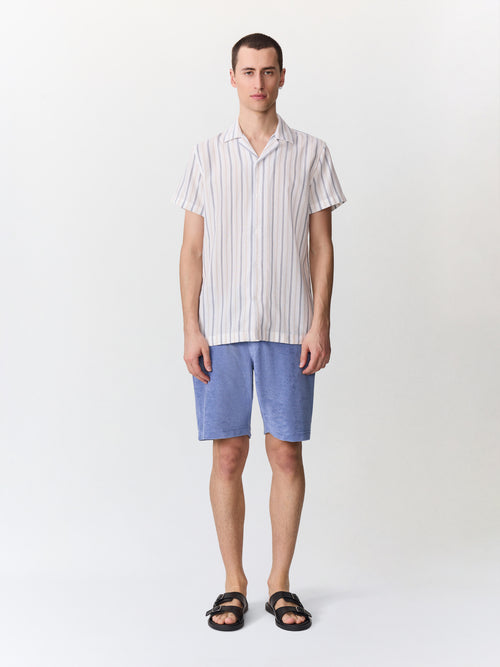 Chemise manches courtes regular en coton Jacquard à rayures beige et bleu - Father & Sons   - 4 