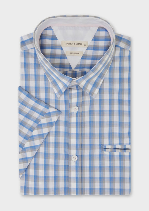 Chemise manches courtes Slim en popeline de coton bleu ciel à carreaux - 1 - Father & Sons   - 12 