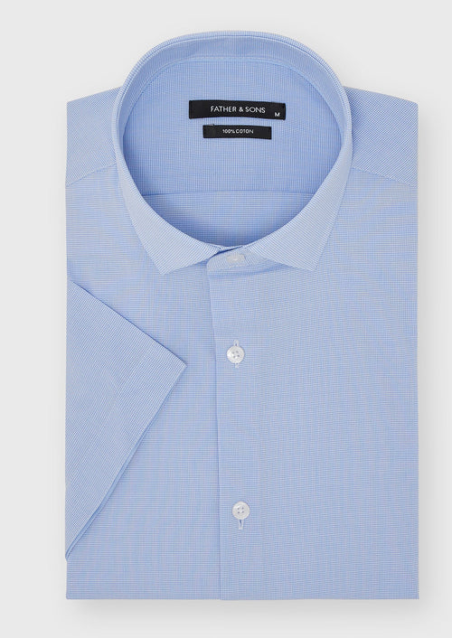 Chemise manches courtes Slim en popeline de coton bleu ciel à motif pied-de-poule - Father & Sons   - 1 