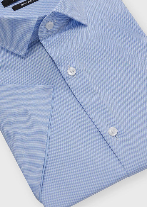 Chemise manches courtes Slim en popeline de coton bleu ciel à motif pied-de-poule - Father & Sons   - 3 