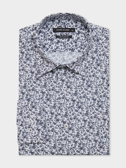 Chemise slim en popeline de coton à motif fleuri bleu - 1 - Father & Sons   - 2 