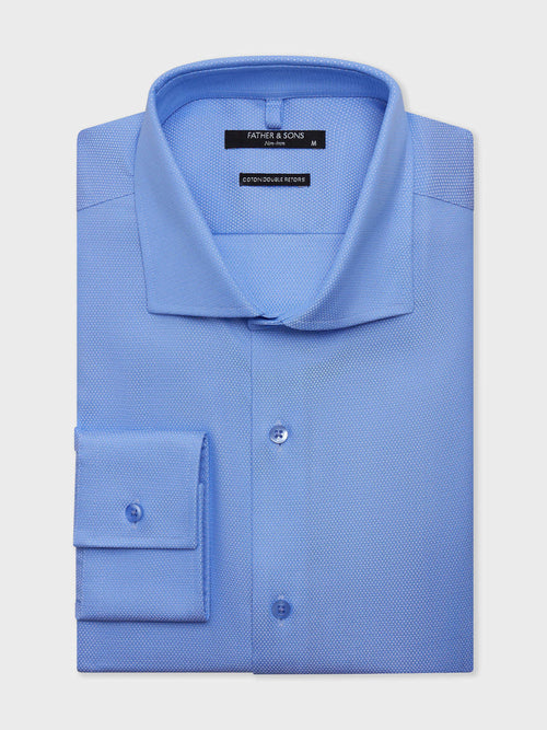 Chemise non-iron regular en coton façonné bleu - 1 - Father & Sons   - 11 