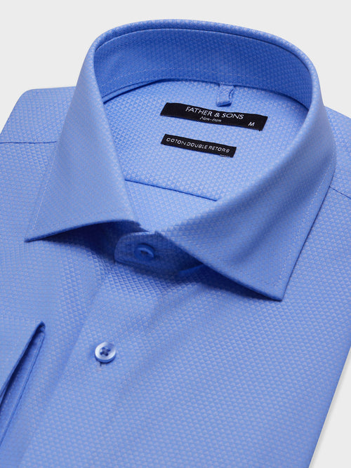 Chemise non-iron slim en coton Jacquard bleu à motif - 2 - Father & Sons   - 5 