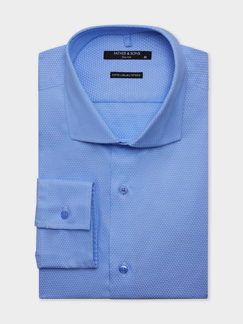 Chemise non-iron slim en coton Jacquard bleu à motif - 1 - Father & Sons   - 5 