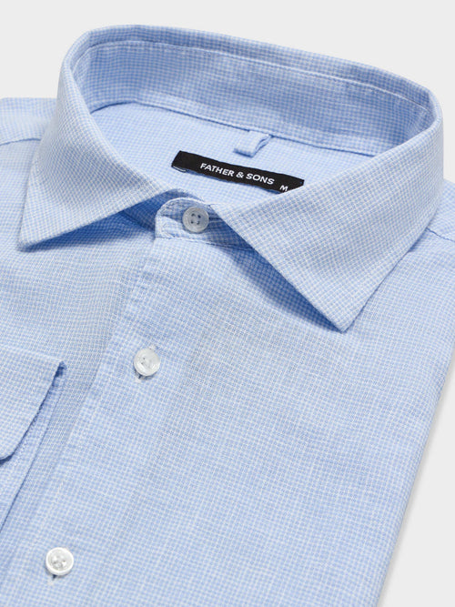 Chemise slim en pinpoint de lin et coton bleu ciel à carreaux - 2 - Father & Sons   - 5 