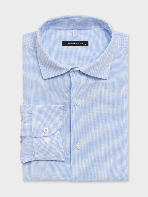 Chemise slim en pinpoint de lin et coton bleu ciel à carreaux - 1 - Father & Sons   - 5 