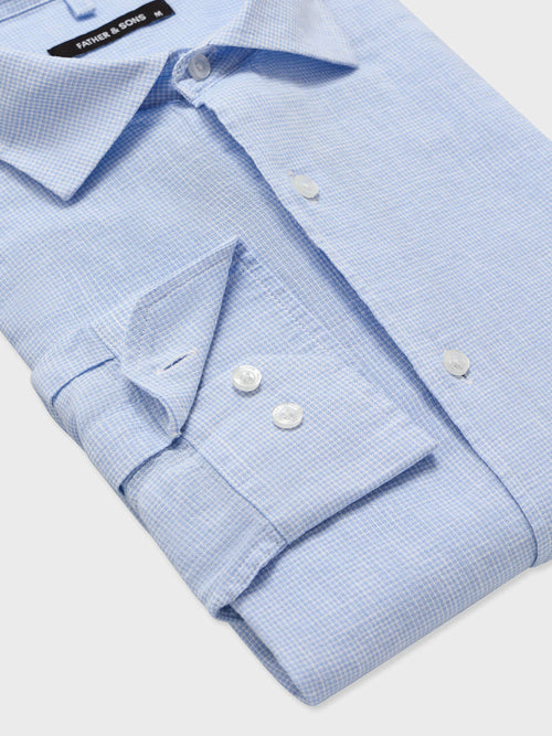 Chemise slim en pinpoint de lin et coton bleu ciel à carreaux - Father & Sons   - 3 