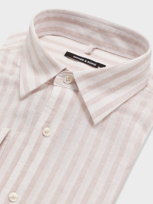Chemise regular en popeline de lin et coton à rayures beiges - 2 - Father & Sons   - 4 