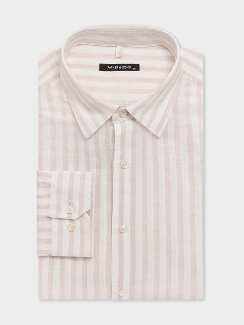 Chemise regular en popeline de lin et coton à rayures beiges - 1 - Father & Sons   - 4 