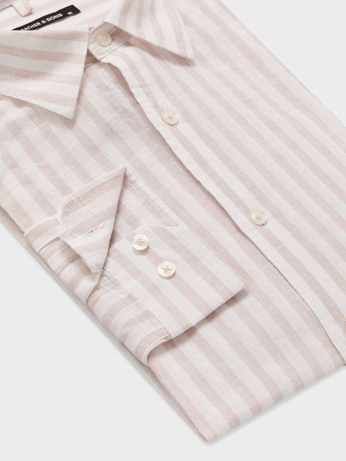 Chemise regular en popeline de lin et coton à rayures beiges - Father & Sons   - 3 