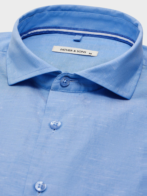 Chemise Regular en popeline de coton et lin bleu indigo - Father & Sons   - 3 
