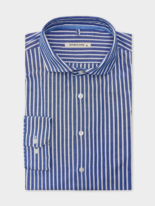 Chemise Slim en popeline de coton et lin bleu indigo à rayures - Father & Sons   - 3 