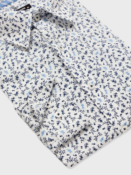 Chemise regular en popeline de coton stretch à motif fleuri bleu indigo - Father & Sons   - 3 