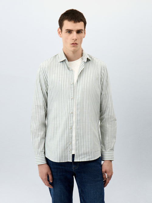 Chemise Slim en popeline de coton kaki à rayures - Father & Sons   - 4 