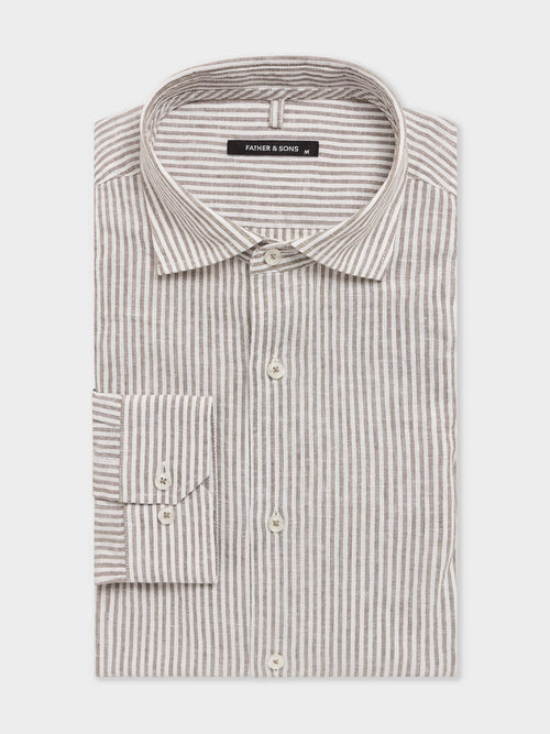 Chemise regular en pinpoint de lin et coton kaki à rayures - 1 - Father & Sons   - 3 