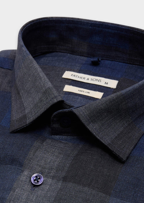 Chemise sport Regular en lin bleu marine à carreaux gris - 2 - Father & Sons   - 11 