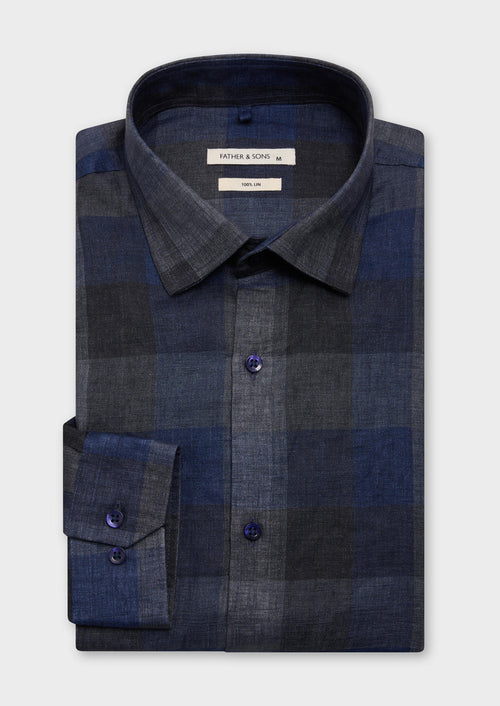 Chemise sport Regular en lin bleu marine à carreaux gris - 1 - Father & Sons   - 11 