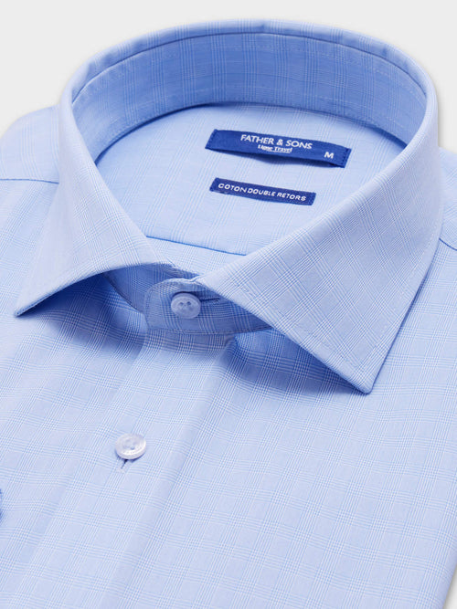Chemise non-iron Slim en popeline de coton bleu azur Prince de Galles - 2 - Father & Sons   - 6 