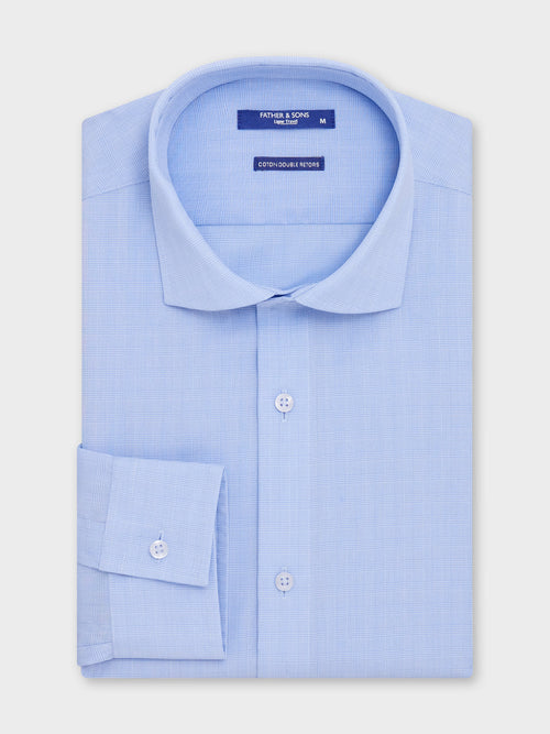 Chemise non-iron Slim en popeline de coton bleu azur Prince de Galles - 1 - Father & Sons   - 6 