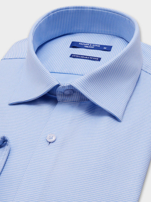 Chemise non-iron Slim en coton façonné bleu azur à motif pied-de-poule - 2 - Father & Sons   - 17 